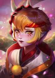 Rule 34 | 1boy, blonde hair, eyelashes, facial mark, headband, highres, japanese clothes, lian yao, light particles, lips, looking at viewer, male focus, mask, mask on head, oni mask, onmyoji, parted lips, pointy ears, pom pom (clothes), portrait, prajna (onmyoji), signature, solo, yellow eyes