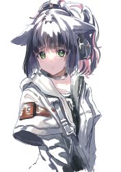 Rule 34 | 1girl, animal ears, arknights, black choker, black hair, black shirt, cat ears, choker, closed mouth, collarbone, commentary, gawako, green eyes, grey jacket, headphones, highres, jacket, jessica (arknights), layered sleeves, long hair, long sleeves, looking at viewer, multicolored hair, ponytail, red hair, sad, shirt, short over long sleeves, short sleeves, shoulder strap, simple background, solo, two-tone hair, upper body, white background