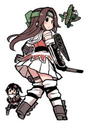 Rule 34 | &gt;:d, 3girls, aircraft, airplane, biplane, black hair, blush, brown hair, commentary, elbow gloves, fairy (kancolle), from behind, gloves, hands on own hips, headband, jintsuu (kancolle), kantai collection, long hair, looking at viewer, looking back, multiple girls, pleated skirt, remodel (kantai collection), seaplane, sendai (kancolle), simple background, skirt, solid circle eyes, terrajin, torpedo tubes, upskirt, v-shaped eyebrows, white background