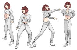Rule 34 | 1girl, bob cut, breasts, brown eyes, crop top, crop top overhang, dancing, drawstring, joongchel kim, medium breasts, midriff, multiple views, navel, open mouth, original, outstretched arm, pants, red hair, shirt, shoes, short hair, simple background, smile, sneakers, white background, white footwear, white legwear, white shirt