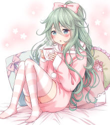 Rule 34 | 10s, 1girl, :o, alternate costume, animal print, artistic error, bed sheet, blue eyes, blush, bow, breasts, cup, drawstring, dress, eyelashes, fingernails, flat chest, flower, frilled pillow, frills, green hair, hair between eyes, hair bow, hair ornament, half updo, highres, holding, holding cup, hood, hood down, hot chocolate, kantai collection, knees together feet apart, knees up, lace trim, leaning back, long hair, long sleeves, looking at viewer, mug, nail polish, nanairo fuuka, no shoes, on bed, pajamas, pillow, pink bow, pink dress, pink nails, pink theme, pink thighhighs, pom pom (clothes), rabbit print, short dress, sitting, sleeves past wrists, solo, steam, striped bow, striped clothes, striped thighhighs, thighhighs, white background, yamakaze (kancolle), zettai ryouiki