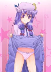 Rule 34 | 1girl, blush, bow, bow panties, clothes lift, dress, dress lift, female focus, frilled panties, frills, hat, kuri youkan, long hair, panties, patchouli knowledge, pink eyes, purple hair, revision, solo, star (symbol), touhou, underwear