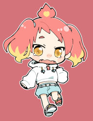 Rule 34 | 1girl, blonde hair, blue shorts, brown eyes, chibi, drawstring, fangs, full body, hand up, hikasa tomoshika, hood, hood down, hoodie, long sleeves, looking at viewer, multicolored hair, najo, open mouth, outline, puffy long sleeves, puffy sleeves, red background, red hair, sandals, short shorts, shorts, simple background, sleeves past wrists, solo, tears, twintails, two-tone hair, virtual youtuber, voms, wavy mouth, white footwear, white hoodie, white outline
