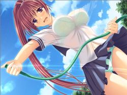 Rule 34 | 1girl, blue eyes, bra, breasts, chiba chinatsu, dutch angle, game cg, hose, impossible clothes, impossible shirt, jpeg artifacts, large breasts, lingerie, long hair, non-web source, noto marie, okitsune summer, panties, pantyshot, ponytail, red hair, school uniform, see-through, shirt, solo, underwear, wallpaper, wind, wind lift