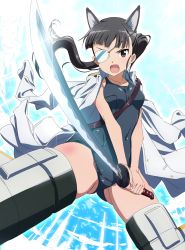 Rule 34 | 1girl, animal ears, black eyes, black hair, black one-piece swimsuit, covered navel, crotch seam, eyepatch, flying, foreshortening, frown, gluteal fold, highres, holding, holding sword, holding weapon, jacket, jacket on shoulders, katana, long hair, long sleeves, looking at viewer, makicha (sasurainopink), military jacket, one-piece swimsuit, open mouth, ponytail, sakamoto mio, school swimsuit, solo, sparkle, strike witches, striker unit, swimsuit, sword, weapon, white jacket, world witches series