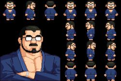 Rule 34 | 1boy, animated, animated gif, bara, black hair, blush stickers, buzz cut, crossed arms, dougi, glasses, large pectorals, male focus, mature male, multiple views, muscular, muscular male, opaque glasses, original, pectoral cleavage, pectorals, pixel art, short hair, thick eyebrows, thick mustache, tooboshoo, upper body, very short hair, walking