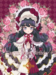 Rule 34 | 1girl, :o, argyle, argyle background, argyle clothes, black hair, blue eyes, bonnet, capelet, character name, commentary request, cowboy shot, dress, floral background, flower, frilled capelet, frilled dress, frilled sleeves, frills, gaaruru (pripara), happy birthday, highres, interlocked fingers, kikuta michiyo, lolita fashion, long hair, long sleeves, looking at viewer, open mouth, own hands together, pretty series, pripara, purple background, purple flower, purple rose, red flower, red ribbon, red rose, ribbon, rose, sidelocks, solo, standing, very long hair, wide sleeves