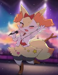 Rule 34 | 1girl, :3, animal ear fluff, animal ears, animal hands, animal nose, arm up, backlighting, black fur, blurry, blurry background, blush, body fur, bottomless, bow, bowtie, braixen, breasts, brown footwear, buttons, clothed pokemon, creatures (company), dutch angle, fang, female focus, fox ears, fox girl, fox tail, full body, furry, furry female, game freak, gen 6 pokemon, gloves, hair bow, hand up, happy, heart, highres, holding, holding microphone, idol, leg up, light particles, looking at viewer, microphone, multicolored fur, music, neck fur, necktie, nintendo, one eye closed, open mouth, orange eyes, outstretched arm, pokemon, pokemon (creature), red bow, red bowtie, red necktie, shirt, shoes, short sleeves, singing, skin fang, small breasts, smile, snout, socks, solo, spotlight, standing, standing on one leg, star (symbol), stick, tail, thighs, white fur, white gloves, white shirt, white socks, wink, xanadu corona, yellow fur