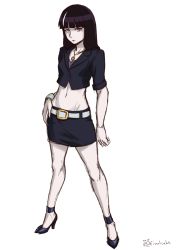 Rule 34 | 1girl, artist name, belt, belt buckle, black hair, blunt bangs, bracelet, breasts, buckle, closed mouth, collarbone, commentary, death parade, english commentary, finalcake, full body, jewelry, kurokami no onna, long hair, looking at viewer, midriff, miniskirt, navel, necklace, shirt, simple background, sketch, skirt, small breasts, solo, standing, white background