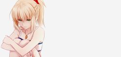 Rule 34 | 1girl, bare shoulders, blonde hair, braid, crying, crying with eyes open, fate/apocrypha, fate (series), french braid, green eyes, grey background, half updo, hugging own legs, jewelry, knees to chest, long hair, mordred (fate), mordred (fate/apocrypha), mordred (memories at trifas) (fate), necklace, ponytail, scrunchie, sidelocks, simple background, sitting, solo, tears, tusia