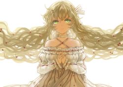 Rule 34 | 1girl, bare shoulders, blonde hair, blush, cherry, dress, food, fruit, green eyes, hair ribbon, own hands clasped, interlocked fingers, long hair, original, own hands together, ribbon, smile, solo, very long hair, vetina, wavy hair, white background