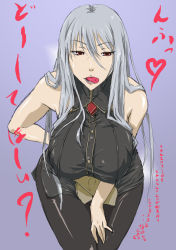 Rule 34 | 00s, 1girl, bare shoulders, breasts, grey hair, hand on own hip, hand on leg, hand on own leg, hand on own thigh, hand on thigh, huge breasts, kyabakurabakufu, leaning forward, looking at viewer, naughty face, pantyhose, sega, selvaria bles, senjou no valkyria, senjou no valkyria (series), senjou no valkyria 1, solo, tongue, tongue out, translation request