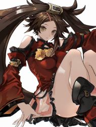 Rule 34 | 1girl, bare legs, bare shoulders, breasts, brown eyes, brown hair, china dress, chinese clothes, detached sleeves, dress, found modori, guilty gear, guilty gear xrd, hair ornament, hairclip, highres, kuradoberi jam, large breasts, long hair, looking at viewer, simple background, skin tight, skirt, solo, thighs, white background, wide sleeves