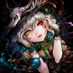 Rule 34 | 1girl, animal skull, black background, blood, blush, commentary request, dutch angle, eyelashes, floating hair, green eyes, green nails, grey hair, half-closed eyes, hands on own head, hands up, hat, highres, komeiji koishi, kyogoku-uru, light blush, lipstick, long hair, looking at viewer, makeup, nail polish, nose blush, nosebleed, nostrils, parted lips, simple background, solo, third eye, touhou, upper body