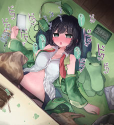 Rule 34 | 1girl, bag, black hair, black panties, blush, breasts, buttons, can, carpet, cellphone, charger, cleavage, clover, collarbone, collared shirt, detached sleeves, dress shirt, green eyes, green sleeves, green vest, groin, headphones, headphones removed, highres, kotatsu, kyoumachi seika, long sleeves, lying, medium breasts, microa, navel, necktie, no nose, no pupils, nose blush, on back, open clothes, open mouth, open vest, panties, partially unbuttoned, phone, plastic bag, red necktie, shirt, short hair, sleeveless, sleeveless shirt, smartphone, solo, strong zero, stuffed toy, table, tissue, tissue box, underwear, undone necktie, vest, voiceroid, white shirt, wooden floor