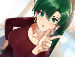 Rule 34 | 1girl, :o, alternate costume, angry, blurry, blush, breasts, casual, collarbone, depth of field, dutch angle, earrings, fire emblem, fire emblem: the blazing blade, green eyes, green hair, hair between eyes, hand on own hip, high ponytail, highres, index finger raised, jewelry, large breasts, long hair, long sleeves, looking at viewer, lyn (fire emblem), nintendo, open mouth, ormille, ponytail, red sweater, scolding, solo, sweater, upper body