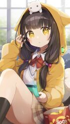 Rule 34 | + +, 1girl, animal ears, animal hood, asakura karen (heaven burns red), bag of chips, black hair, black socks, blush stickers, bow, brown skirt, chips (food), chon (chon33v), collared shirt, commentary request, dress shirt, fake animal ears, food, hair over shoulder, hand up, heaven burns red, highres, holding, hood, hood up, hooded jacket, jacket, knees up, long hair, long sleeves, looking at viewer, low twintails, o o, on head, parted lips, plaid, plaid skirt, pleated skirt, potato chips, puffy long sleeves, puffy sleeves, red bow, shirt, sitting, skirt, socks, solo, sweater vest, twintails, white shirt, window, yellow eyes, yellow jacket