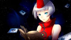 Rule 34 | 1girl, alternate color, aqua eyes, bad id, bad pixiv id, bare shoulders, book, card, dress, elizabeth (persona), gloves, hat, highres, looking at viewer, persona, persona 3, persona 4, short hair, silver hair, sleeveless, smile, solo, yusano
