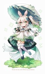 Rule 34 | 1girl, alternate costume, animal ears, black bow, black footwear, bow, bright pupils, child, commentary, cross-shaped pupils, detached sleeves, dot nose, dress, frilled dress, frills, full body, genshin impact, gradient hair, grass, green eyes, green hair, hair between eyes, hair bow, hair intakes, highres, holding, holding umbrella, ichiyume ichiyu, long hair, long sleeves, looking at viewer, multicolored hair, nahida (genshin impact), parted lips, puffy long sleeves, puffy sleeves, rabbit ears, side ponytail, sidelocks, simple background, sleeveless, sleeveless dress, solo, standing, standing on one leg, symbol-only commentary, symbol-shaped pupils, thighhighs, umbrella, white background, white dress, white hair, white pupils, white sleeves, white thighhighs