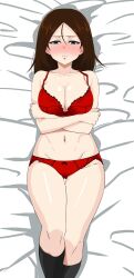 Rule 34 | 1girl, absurdres, bikini, black eyes, blush, breasts, brown hair, cleavage, crossed arms, female focus, girls und panzer, highres, large breasts, long hair, looking at viewer, lying, navel, nonna (girls und panzer), on back, solo, swimsuit, umeta shirisuke