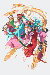 Rule 34 | 1girl, amaterasu (p&amp;d), aqua hair, armor, arrow (projectile), barefoot, blush, bow (weapon), bracer, collarbone, earrings, flan (zhd91), green eyes, hakama, hakama skirt, headdress, highres, japanese armor, japanese clothes, jewelry, long hair, looking at viewer, parted lips, puzzle &amp; dragons, quiver, red hakama, ring, sheath, sheathed, shoulder armor, skirt, sode, solo, sword, very long hair, weapon