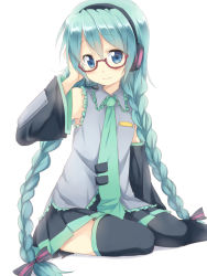 Rule 34 | 1girl, alternate hairstyle, aqua hair, bad id, bare shoulders, black thighhighs, blouse, bow, braid, collared shirt, detached sleeves, frilled shirt, frills, glasses, grey shirt, hair bow, hand on own head, hatsune miku, headset, long hair, maruki (punchiki), necktie, shirt, simple background, sitting, sleeveless, sleeveless shirt, solo, thighhighs, tie clip, twin braids, very long hair, vocaloid, white background