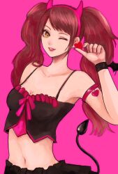 Rule 34 | 1girl, alternate costume, arm strap, bare shoulders, black tail, bow, breasts, brown hair, collarbone, demon tail, eyelashes, fake horns, hairband, hand up, heart, horns, kaminaka (nikonikoinuhan), kujikawa rise, lingerie, lips, looking at viewer, medium breasts, midriff, navel, one eye closed, parted bangs, parted lips, persona, persona 4, pink background, pink bow, pink hairband, shadow, simple background, solo, swept bangs, tail, twintails, underwear, upper body, yellow eyes