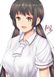Rule 34 | 10s, 1girl, asobi asobase, black hair, breasts, highres, honda hanako, long hair, medium breasts, open mouth, pixcel, short sleeves, simple background, smile, solo, twintails, upper body, white background, yellow eyes
