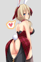 Rule 34 | 1girl, animal ears, ass, ass cutout, bad id, bad pixiv id, bare shoulders, blonde hair, blue eyes, blush, breasts, clothing cutout, fake animal ears, from behind, heart, highres, huge ass, leotard, long hair, looking at viewer, looking back, nyaromaru, playboy bunny, rabbit ears, sideboob, simple background, smile, solo, spoken heart