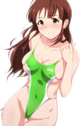 Rule 34 | 1girl, akizuki ritsuko, alternate hairstyle, antenna hair, blunt bangs, blush, breasts, brown eyes, brown hair, cleavage, collarbone, competition swimsuit, covered erect nipples, covered navel, cowboy shot, flying sweatdrops, green one-piece swimsuit, groin, hair down, highres, idolmaster, idolmaster (classic), long hair, looking at viewer, no eyewear, one-piece swimsuit, simple background, skindentation, solo, swimsuit, tareme, tengu (tetuo kun), thigh gap, thighs, tight clothes, white background