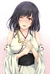Rule 34 | 1girl, aga marino, black hair, blush, breasts, detached sleeves, japanese clothes, jewelry, kantai collection, large breasts, looking at viewer, no headgear, nontraditional miko, obi, one eye closed, red eyes, ring, sash, short hair, solo, wedding ring, white background, wide sleeves, yamashiro (kancolle)