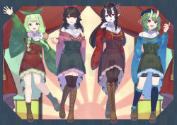 Rule 34 | 4girls, absurdres, ankle boots, black legwear, boots, brown footwear, character request, clothing request, copyright request, cross-laced footwear, highres, horns, indie virtual youtuber, japanese clothes, kimono, kimono skirt, knee boots, lace-up boots, multiple girls, official art, oni, oni horns, pantyhose, sakuhana87, tagme, thighhighs, thighhighs under boots, virtual youtuber, traditional youkai, yukata