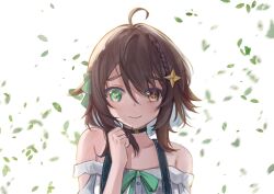 Rule 34 | 1girl, ahoge, backlighting, black choker, blue hair, blue overalls, braid, brown eyes, brown hair, choker, colored inner hair, cross-shaped pupils, falling leaves, frown, green eyes, green ribbon, hair between eyes, hair flaps, hair ornament, hand up, heterochromia, highres, indie virtual youtuber, leaf, looking at viewer, lord half, medium hair, meica (vtuber), mismatched pupils, multicolored hair, off-shoulder shirt, off shoulder, overalls, ribbon, saikako, shirt, single braid, smile, sprout-shaped pupils, star (symbol), star hair ornament, swept bangs, symbol-shaped pupils, two-tone hair, upper body, virtual youtuber, white background, white shirt