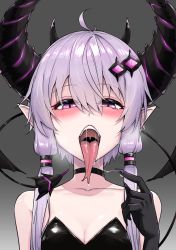 Rule 34 | 1girl, black gloves, blush, demon girl, demon horns, demon tail, forked tongue, gloves, highres, horns, long hair, long tongue, looking at viewer, low twintails, open mouth, purple eyes, purple hair, saliva, slit pupils, solo, tail, tongue, tongue out, twintails, upper body, voiceroid, yuzuki yukari, zooanime
