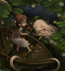 Rule 34 | 2girls, artist name, bare arms, barefoot, blue eyes, blue flower, blush, boat, brown hair, dress, flower, full body, hair ribbon, half updo, highres, ishida umi, lily pad, long hair, looking at another, monster girl, multiple girls, nature, oar, original, outdoors, partially submerged, pointy ears, profile, red flower, ribbon, rowboat, short sleeves, sitting, sundress, tentacles, water, water lily flower, watercraft, watermark, white dress, white flower, white hair, white ribbon, yellow flower