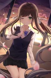 1girl, ;), absurdres, backlighting, bangs, black skirt, blue bow, blue neckwear, bow, bowtie, brown hair, cherry blossoms, classroom, collared shirt, commentary request, cowboy shot, desk, dress shirt, dusk, eyebrows visible through hair, flower, green eyes, hair ribbon, highres, indoors, long hair, looking at viewer, nannung, on desk, one eye closed, original, petals, pink flower, pleated skirt, purple vest, ribbon, school uniform, shirt, sitting, skirt, smile, solo, swept bangs, twintails, very long hair, vest, white ribbon, white shirt