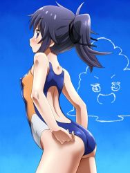 Rule 34 | 10s, 1girl, ass, awa, black hair, blue eyes, blue one-piece swimsuit, blush, competition swimsuit, cowboy shot, day, covered erect nipples, from behind, himouto! umaru-chan, long hair, motoba kirie, one-piece swimsuit, ponytail, sky, solo, swimsuit
