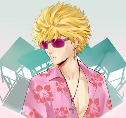 Rule 34 | 1boy, absurdres, aged down, aviator sunglasses, blonde hair, cigarette, commentary, cropped torso, desk, facial hair, floral print, goatee, green background, hawaiian shirt, highres, inverted cross earrings, inverted cross necklace, looking ahead, male focus, monogatari (series), mouth hold, open clothes, open shirt, oshino meme, piancaesar, pile, pink-tinted eyewear, pink shirt, school desk, shirt, smoking, solo, spiked hair, sunglasses, symbol-only commentary, tinted eyewear, turning head