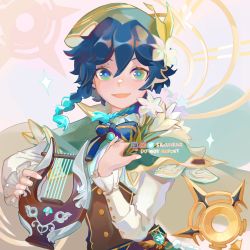 Rule 34 | 1boy, androgynous, artist name, beret, black hair, blue hair, bow, braid, brooch, cape, collared cape, collared shirt, commentary, corset, english commentary, english text, facebook logo, flower, frilled sleeves, frills, gem, genshin impact, gradient hair, green eyes, green hat, hat, highres, holding, holding flower, holding instrument, instagram logo, instrument, jewelry, leaf, long sleeves, looking at viewer, lyre, male focus, multicolored hair, open mouth, shirt, short hair with long locks, simple background, skaiiria, smile, solo, sparkle, symbol-only commentary, twin braids, twitter logo, venti (genshin impact), vision (genshin impact), white flower, white shirt