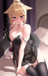 Rule 34 | 1girl, animal ears, warrior of light (ff14), babydoll, bare arms, bare shoulders, bed, black babydoll, black panties, black thighhighs, blonde hair, blue eyes, blush, breasts, cat ears, cat girl, cat tail, cleavage, collarbone, commission, cup, drinking glass, drunk, facial mark, final fantasy, final fantasy xiv, garter belt, highres, indoors, lace, lace-trimmed legwear, lace trim, lingerie, long hair, looking at viewer, medium breasts, miqo&#039;te, morros, nail polish, navel, nose blush, on bed, panties, parted lips, ponytail, red nails, see-through, sitting, skeb commission, solo, spaghetti strap, strap gap, strap slip, string panties, sweatdrop, swept bangs, tail, thighhighs, thighs, twisted torso, underwear, underwear only, wine glass