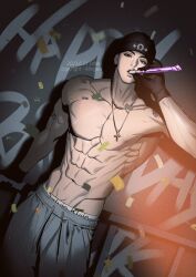 Rule 34 | 1boy, abs, artist name, black gloves, black headband, calvin klein, confetti, copyright name, cowboy shot, cross, cross necklace, dutch angle, gloves, graffiti, grey pants, happy birthday, headband, highres, jewelry, jinx (manhwa), joo jaekyung, looking at viewer, male focus, mingwa, muscular, muscular male, necklace, nipples, pants, party horn, pectorals, solo, tattoo, track pants