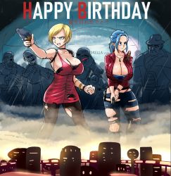 Rule 34 | 2girls, ada wong, ada wong (cosplay), android 18, black bra, black legwear, blonde hair, blue eyes, bra, breasts, bulma, choker, claire redfield, claire redfield (cosplay), clenched hand, collaboration, commentary, cosmicdairy, cosplay, darm engine, denim, dog tags, dragon ball, dragonball z, dress, english commentary, finger on trigger, gun, hair pulled back, handgun, happy birthday, huge breasts, jacket, jeans, leather, leather jacket, mr. x (metal gear), multiple girls, nappa, pants, pantyhose, pistol, ponytail, red jacket, resident evil, resident evil 2, resident evil 2 (remake), short dress, short hair, strapless, strapless bra, swept bangs, torn clothes, torn dress, torn jeans, torn legwear, torn pants, underwear, weapon, zombie