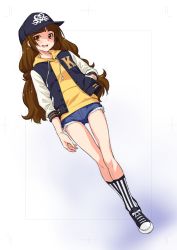 Rule 34 | 1girl, :d, amanogawa kirara, arm at side, baseball cap, black hat, black jacket, black socks, blush, brown hair, buttons, crossed legs, full body, go! princess precure, hand in pocket, hat, hood, hooded sweater, jacket, kazuma muramasa, letterman jacket, logo, long hair, long sleeves, looking at viewer, open clothes, open jacket, open mouth, orange eyes, precure, ribbon, shoelaces, shoes, simple background, sleeves past elbows, smile, sneakers, socks, solo, standing, striped clothes, striped socks, sweater, tassel, thigh gap, unbuttoned, vertical-striped clothes, vertical-striped socks, very long hair, watson cross, white background, white ribbon, white socks