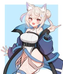 animal_ears bakedmonogamy bare_shoulders blonde_hair blue_background blue_coat border breasts coat cosplay cowboy_shot dog_ears dog_girl evil_twin_lil-la evil_twin_lil-la_(cosplay) fuwawa_abyssgard hair_between_eyes hair_bun highres hololive hololive_english large_breasts leotard lil-la_(yu-gi-oh!) lil-la_(yu-gi-oh!)_(cosplay) simple_background virtual_youtuber white_border white_leotard