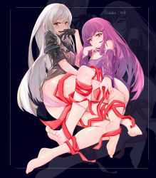 Rule 34 | 2girls, arknights, artist request, barefoot, bdsm, black shirt, blouse, bondage, bound, crossover, dress, fate/grand order, fate (series), feather trim, feet, fur-trimmed dress, fur trim, hair between eyes, headpiece, long hair, low-tied long hair, multiple girls, name connection, no headwear, no pants, panties, purple dress, purple hair, purple ribbon, purple shirt, red eyes, red ribbon, ribbon, scathach (fate), scathach skadi (fate), shirt, silver hair, skadi (arknights), soles, tiara, underwear