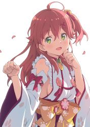 1girl, ahoge, asymmetrical hair, bell, birthday, blush, bow, breasts, commentary, detached sleeves, eyebrows visible through hair, green eyes, hair bell, hair between eyes, hair ornament, hair ribbon, hololive, japanese clothes, kanzaki hiro, kimono, large bow, long hair, looking at viewer, medium breasts, nontraditional miko, open mouth, paw pose, paw print pattern, petals, pink hair, red ribbon, ribbon, sakura miko, sakuramon, side ponytail, sideboob, simple background, smile, solo, tassel, upper body, virtual youtuber, white background, white kimono, wide sleeves, wing collar, x hair ornament, yellow bow