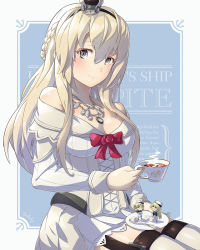 Rule 34 | &gt; &lt;, 3girls, arthur ko, black eyes, blonde hair, bokukawauso, braid, breasts, character name, cleavage, corset, crown, cup, dress, fairy (kancolle), flower, french braid, garter straps, gloves, hat, highres, holding, holding cup, janus (kancolle), jervis (kancolle), kantai collection, large breasts, long hair, long sleeves, looking up, mini crown, multiple girls, off-shoulder dress, off shoulder, red flower, red ribbon, red rose, ribbon, rose, sailor dress, sailor hat, solo focus, sugar cube, teacup, thighhighs, warspite (kancolle), white dress, white gloves, white legwear