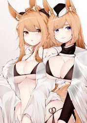 Rule 34 | :o, absurdres, animal ear fluff, animal ears, arknights, aunt and niece, bare shoulders, bikini, bikini under clothes, black bikini, black bow, black headwear, black ribbon, blemishine (arknights), blonde hair, blue eyes, blush, bow, breasts, cleavage, collarbone, garrison cap, hair bow, hat, heart, highres, horse ears, horse girl, horse tail, incest, large breasts, long hair, long sleeves, looking at viewer, off shoulder, open clothes, open shirt, parted lips, ponytail, red eyes, ribbon, samip, shirt, side-tie bikini bottom, sidelocks, simple background, smile, swept bangs, swimsuit, tail, underboob, whislash (arknights), white background, white shirt, wide sleeves, yuri