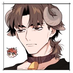 Rule 34 | 2boys, bell, black shirt, blush, brown eyes, brown hair, chibi, chibi inset, chinese zodiac, cow horns, emiya shirou, fate/stay night, fate (series), half-closed eyes, horns, kemonomimi mode, kotomine kirei, male focus, medium hair, multiple boys, neck bell, parted bangs, portrait, shirt, thick eyebrows, yap (dhgrail), year of the ox