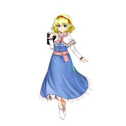 Rule 34 | 1girl, alice margatroid, blonde hair, blue dress, blue eyes, book, capelet, closed mouth, dress, full body, game cg, hairband, highres, holding, holding book, long sleeves, looking at viewer, perfect cherry blossom, red hairband, rotte (1109), simple background, smile, solo, third-party source, touhou, touhou lostword, wavy hair, white background, white capelet, white footwear